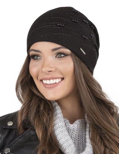 VIVISENCE Damen Mütze Strick Warm Fleece Zirkonia Perlen Elegant Winter 7012, Schwarz,Einheitsgröße