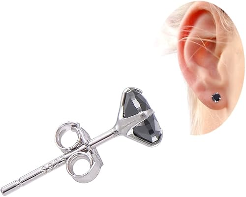 Aretes de plata de ley con circonita cúbica de 0.197 in para hombre, color negro obsidiana
