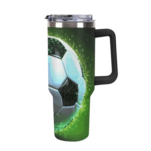 Vaso de 40 oz con asa, diseño de balón de fútbol, de acero inoxidable, reutilizable, para viaje, a prueba de fugas, con aislamiento para coche, de gran capacidad, para viajes, exteriores y uso domés