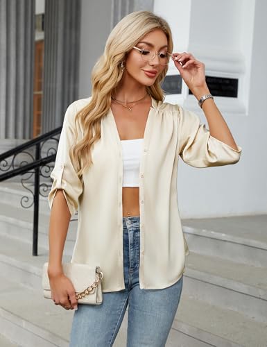 Blooming Jelly Womens Button Down Shirts 3/4 Sleeve Dressy Casual Tops Pleated Satin Silk Business Blouses 20254