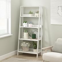 Furinno Ladder Display Shelf, 5-Tier Ladder Shelf, Standing Bookshelf, Display Storage Shelves, 13 x 23.6 x 53.5, for Living Room, Home Office, White