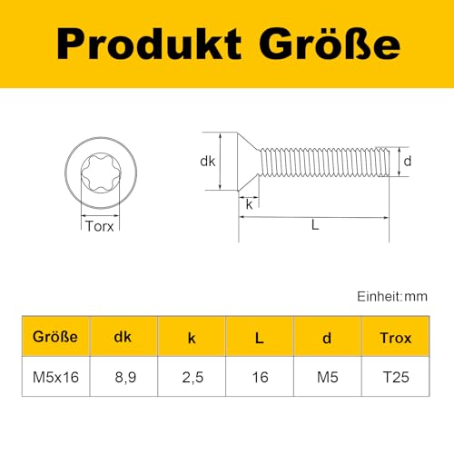 Zuyya 20 Stück M5 x 16 mm Senkschrauben Torxantrieb Edelstahl A2 Schrauben Vollgewinde mit Torx Schlüssel
