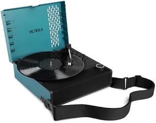 Victrola Revolution GO Tragbarer Bluetooth-Plattenspieler Mit Akku, 12 Std. Laufzeit, 3 Geschwindigkeiten, Riemenantrieb, RCA-Ausgang & 3,5-mm-Kopfhöreranschluss (Blau)