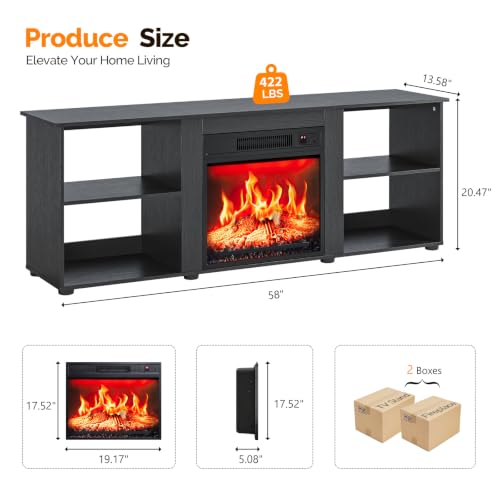 VINGLI 58" Electric Fireplace TV Stand for TVs up to 65", Black