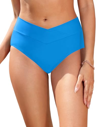Image of Women V Cut Full Coverage Bikini Bottom - High Waist Swim Bathing Suit Bottoms Cross V Front Swimsuit