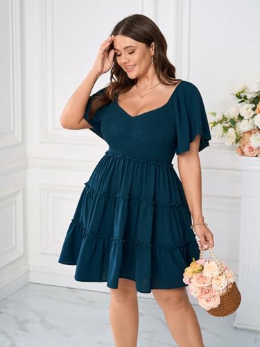 Image of SHESTARR Womens Plus Size Casual Mini Dress Sweetheart Neckline Short Flutter Sleeve Smocked A Line Tiered Ruffle Dresses
