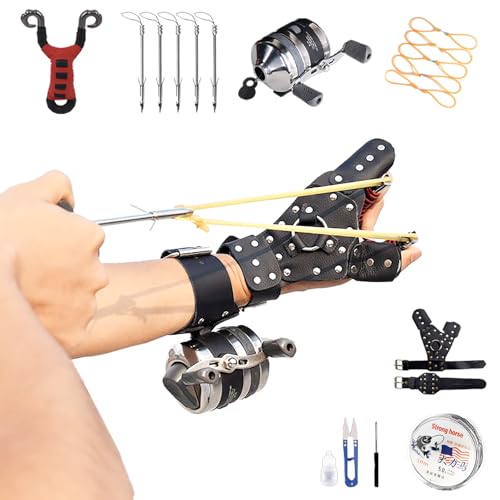 TIETHEKNOT Fishing Slingshot Stainless Steel Recurve Fish Slingshot Set with Stainless Steel Fishing Reel and Fish Darts Gauntlets