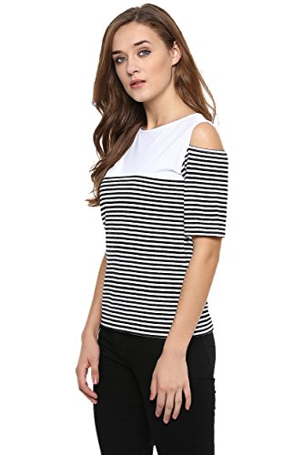 Image of Miss Chase Women's Navy Blue and White Round Neck Half Sleeves Striped Cold Shoulder Top