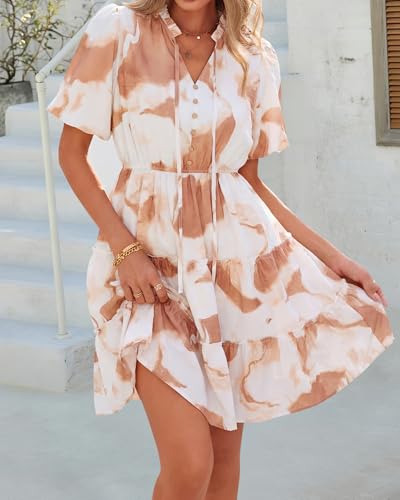Image of BTFBM Women Summer Floral Short Dresses V Neck Short Sleeve Tiered Ruffle Boho Swing Dress A-Line Mini Dresses