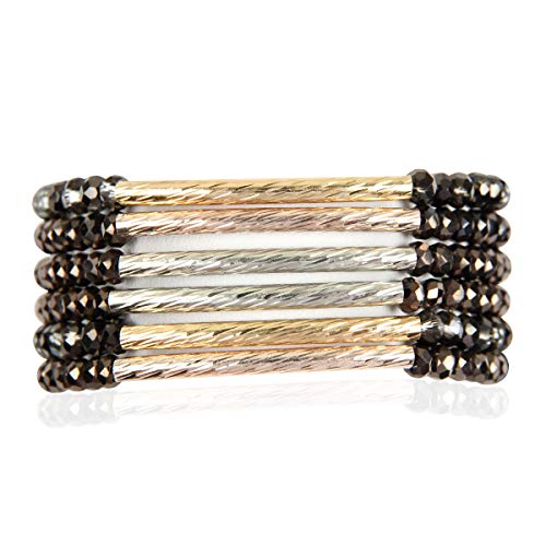 RIAH FASHION Bohemian Multi-Layer Beaded Stacking Statement Bracelets - Versatile Stretch Strand Sparkly Crystal Delicate Bar Slip-on Cuff Bangle Set (Tri-Tone Bar & Bead Stack - Hematite)