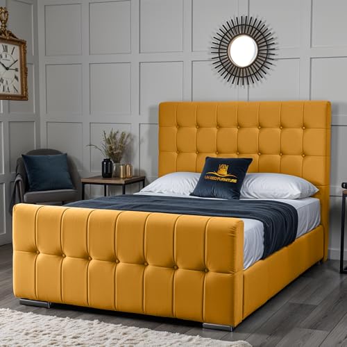 Orlando Upholstered Bed Frame | Elegant Plush Velvet Headboard & Footboard | Optional Gas Lift Storage & Mattress (Mustard, 4FT Small Double - Gas Lift Storage - No Mattress)