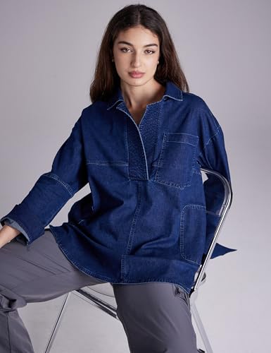 Women Denim Pullover Oversized Jean Shirt Top V Neck Long Sleeve Jacket Casual Jean Shacket with Pocket3