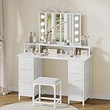 YITAHOME Dressing Table with Mirror & LED Light Bulbs,Makeup Vanity Deskwith 6 Fabric Drawers, 3 Open Compartments, Hair Dryer Rack, and Stool for Bedroom, White, 106 x 40 x 141 cm - Image 2