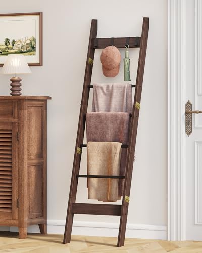 Hzuaneri Blanket Ladder Decorative Quilt Rack with 4 Removable Hooks