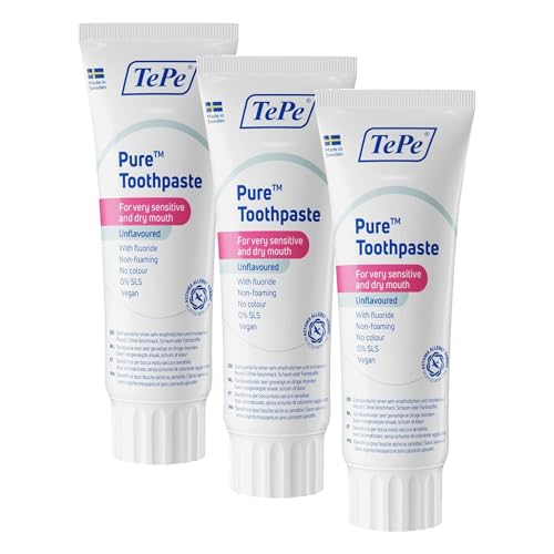 Dentifricio TePe Pure, non aromatizzato, dentifricio molto delicato al fluoro per gengive molto sensibili e bocca secca, uso quotidiano, livello di fluoro adeguato all'età (Confezione da 3)