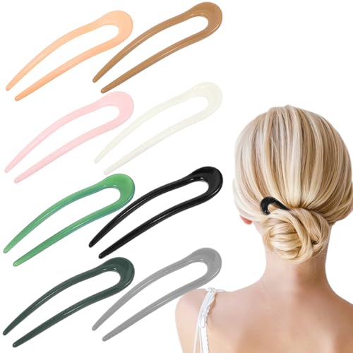 Yuanchu 8 Pcs French Style U Shaped Hair Pins, Vintage Colorful Fork Plastic Classic 2 Prong Bun Hair Sticks Hair Hairpins Hairstyle Accessories for Women Thick Hair