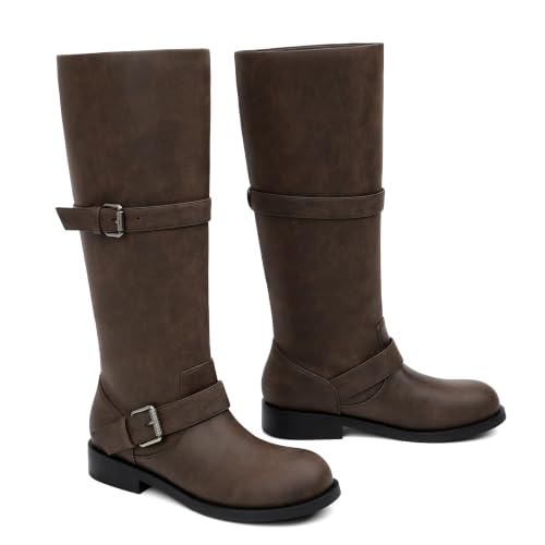 QIY Brown Knee High Boots Women Low Block Heel Motorcycle Riding Tall Boots by QIY - Used condition - Image 4
