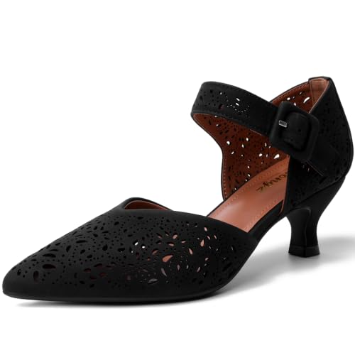 Image of RIBONGZ Comfortable Kitten Heels for Women Pointed Closed Toe Ankle Strap Buckle Heels Slip on Low Heel Church Pumps Wedding Bridal Party Dressy Shoes
