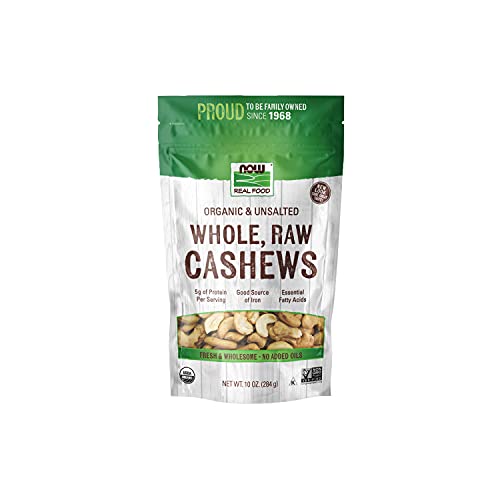 NOW Foods, Certified Organic Cashews, Whole, Raw and Unsalted, Rich Buttery Flavor, Source of Fiber, Protein and Iron, Certified Non-GMO, 10-Ounce (Packaging May Vary)