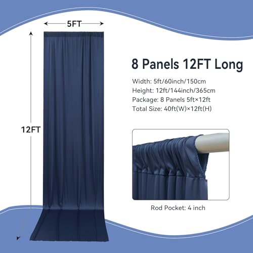 40×12ft Navy Blue Wrinkle Free Backdrop Curtain, Soft Silky Easy to Drape Wedding Drapes for Backdrop, 8 Panels 5×12 ft Photo Backdrop Curtains for Parties Birthday Photography Background Cloth