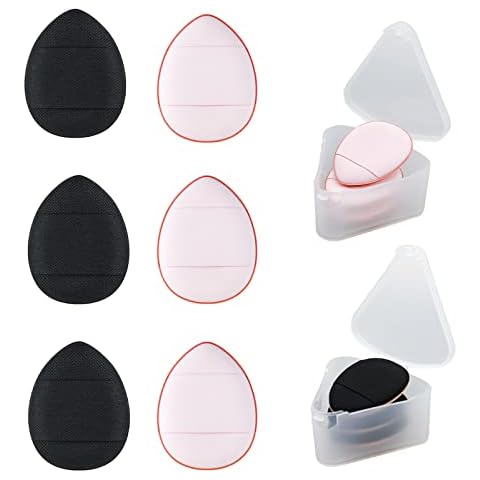 WishLotus 6Pc Mini Finger Powder Puff, Drop-Shaped Makeup Sponges for Foundation, Reusable Loose Powder Puffs with Small Case for Women&Girls and Makeup Setting Wet & Dry(Black+Pink） Cover