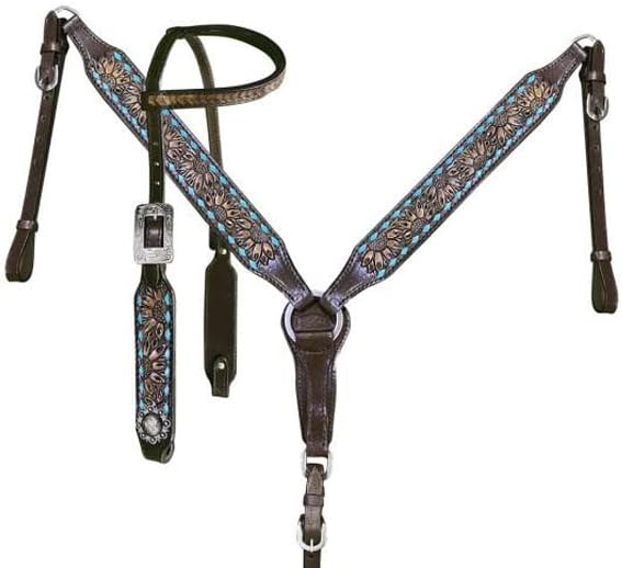 Western Saddle Horse Headstall Bridle Breast Collar Reins Tack Set Leather Floral Tooled Handmade Breastplate ME-HBC-162F Full Size