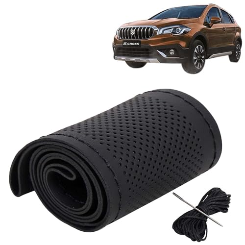 Image of KINGSWAY PU Leatherite Car Steering Cover Sewable Compatible with Maruti Suzuki S Cross (Year 2020 Onwards), Black Color with Black Thread, Pack of 1 with Sewing Needle and Thread