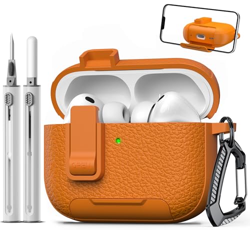 BAQIEJY for AirPods Pro 3 Case with Secure Lock, Leather Texture TPU Material,Built-in Stand Function, Compatible with Airpods Pro 3rd Case 2025, Orange