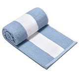 CLOWOOD Plush Oversized Beach Towel - Bamboo Cotton 32 x 64 Inch Large Thick Blue Striped Cabana Poo