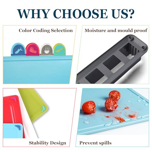 Pleafind Colour Coded Chopping Boards - 4 Pcs Plastic Chopping Board Set with Storage Stand, Juice Grooves & Non-Slip Cutting Board That Prevents Food Cross Contaminaton, Dishwasher Safe - Image 5