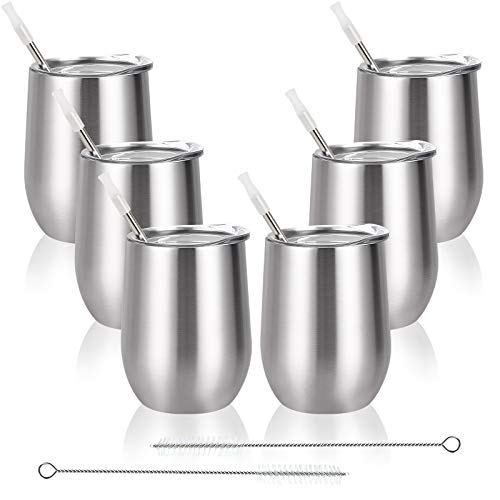 6 Pack Stainless Steel Wine Tumbler with Lid and Straw 12 Oz Double Wall Vacuum Insulated Wine Tumbler Stemless Wine Glass for Wine Coffee Cocktail Ice Cream Set of 6