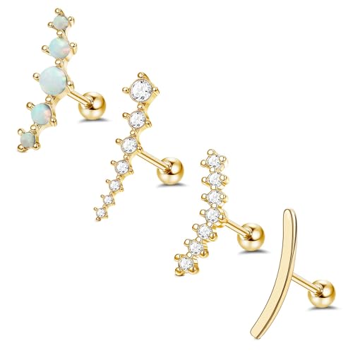 FIBO STEEL 4 Pcs 16G Cartilage Stud Earrings for Women Opal CZ Bar Helix Conch Daith Piercing Jewelry Set