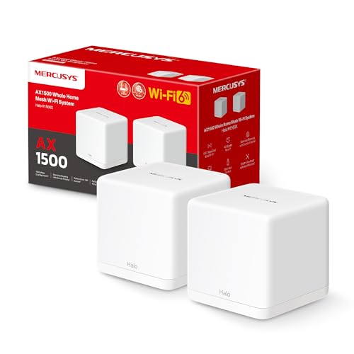 Mercusys Halo H1500X Wi-Fi 6 Mesh WLAN Set (2er Pack), AX1500 Dual Band Router & Repeater, Gigabit-Port, empfohlen für Häuser mit 2-3 Schlafzimmern, nahtloses Roaming, MERCUSYS App