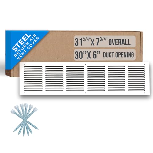 Fits 30x6 Duct Opening | Steel Return Air Grille by Handua | Vent Cover Grill for Sidewall and Ceiling | White | HVAC Cold Air Intake Grille | Outer Dimensions: 31.75'W X 7.75'H