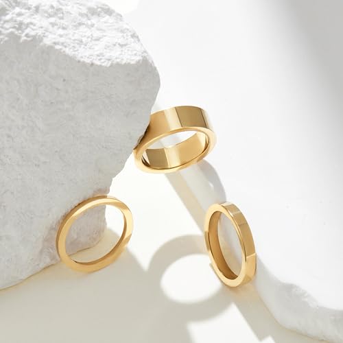 Pinky Non Tarnish Rings for Women, Gold Wedding Bands for Men, Stainless Steel Chunky Ring Set for Jewelry Gift Size 5
