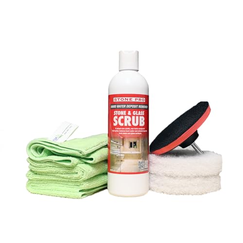 Hard Water Deposit Remover KIT - Scrub Deep Cleans Granite Countertops Travertine Showers Glass Shower Doors (1 Pint Stone Pro Stone & Glass -16 Fl Oz 5 white pad & Cleaning Cloth)