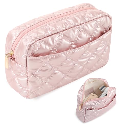 Travel Makeup Bag, Quilted Cosmetic Bag Large Capacity Makeup Travel Bag Waterproof Portable Cosmetic Bag Toiletry Bag for Women Daily Travel Use Gift (Off White)