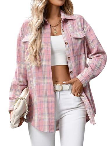 YepMoll Womens Button Down Flannel Shirts Long Sleeve Plaid Shirt Shacket Business Work Casual Tops Pink L