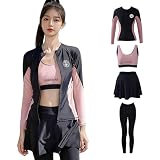 [kontuly] ラッシュガード 水着 レディース セパレート 速乾 通気性 体型カバー フィットネス用水着 ジム用水着 4 点セット、UPF50+、紫外線カット率 100% サーフィン プール ビーチ 夏 (JP, アルファベット, 3XL, 4XL, Husky, Long, ブラック × ピンク)