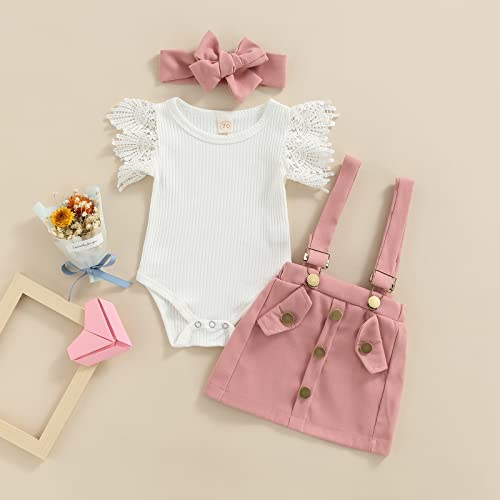 CIYCUIT 3Pcs Toddler Baby Girl Easter Outfit - Ruffle Romper, Suspender Skirt, and Headband Set for Spring and Summer Pink 12-18 Months - Thumbnail 5