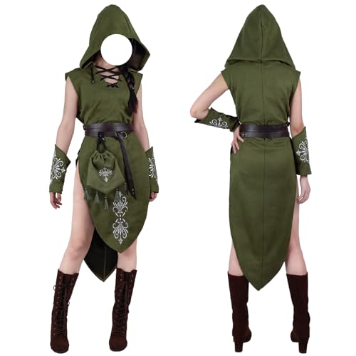 HiiFeuer 5PCs Women Renaissance Suede Sleeveless Elf Costume, Medieval Hooded Gown with Bracers Drawstring Bag Fantasy Belt (Green L)