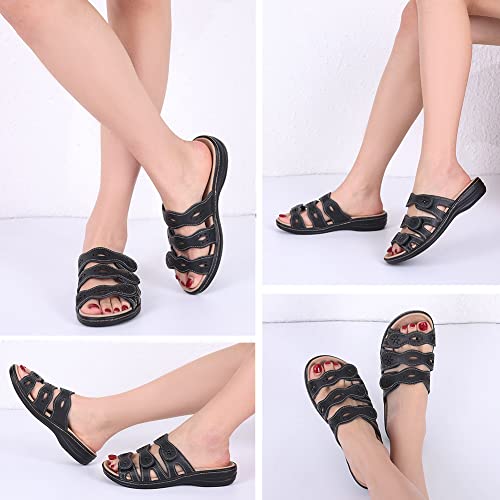 Vocntvy Leather Sandals For Women Black Arch Support Comfort Orthotic Slide Sandal Ladies Adjustable Hook And Loop Straps Slip On Plantar Fasciitis Flat Sandals Us 9 #TOP5