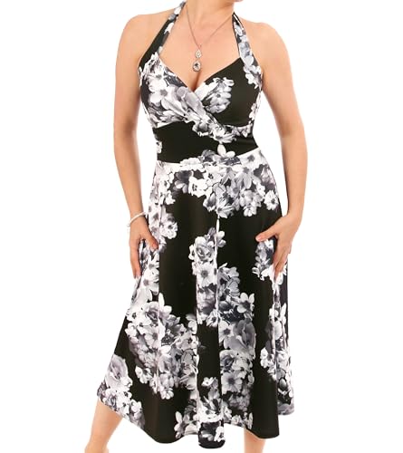 Blue Banana Women's Knee Length Floral Halter Neck Fit and Flare Dress - Black and White Size 12