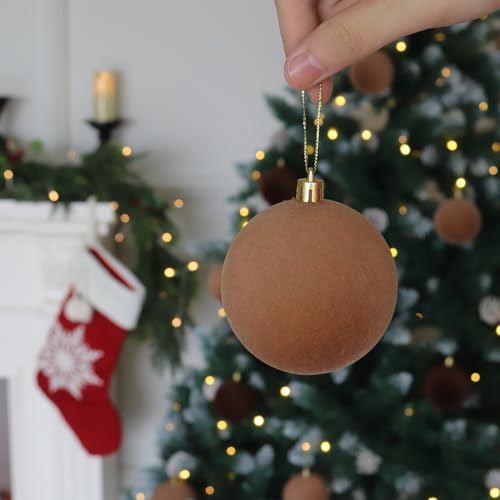 Image of Senjie Velvet Christmas Balls Flocked Christmas Tree 4inch Ornaments 9PCS Plastic Balls Xmas Hanging Ornaments Decoration Light Coffee
