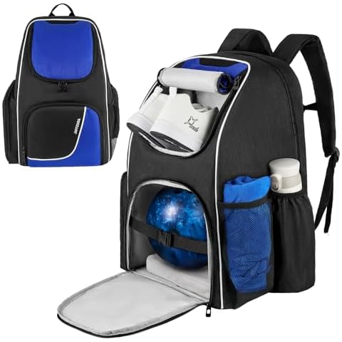 Jaffzora Bowling Backpack, Bowling Ball Bag for Single Ball and Bowling Accessories, Fits A Pair of Bowling Shoes Up to Size 16 for Men, Black&Blue Cover