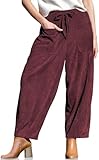 TARSE Women Corduroy Wide Leg Barrel Pants Casual Loose Drawstring Warm Winter Palazzo Harem Pants with Pockets 2025 JujubeRed, L