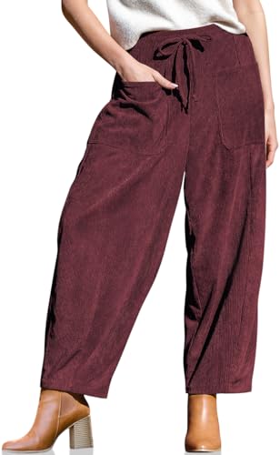 TARSE Women's Corduroy Harem Pants Loose Drawstring Elastic Waist Wide Leg Casual Fall Trendy Fashion Pants with Pockets JujubeRed, XL