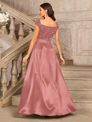 Miusol Women's Elegant V-Neck Sequin Lace Contrast Satin Split Bridesmaid Maxi Dress4