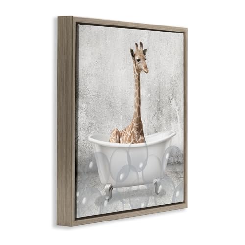 Image of Stupell Industries 'Baby Giraffe Bath Time'| Floating Frame Canvas Art | Stupell Industries | Brown, 18 x 18 Inches, Easy to Hang and Sturdy, Made in USA, by Kim Allen