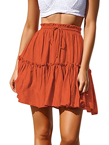 GoolRC Mini saia feminina de cintura alta plissada verão cor sólida cordão elástico cintura alta sai